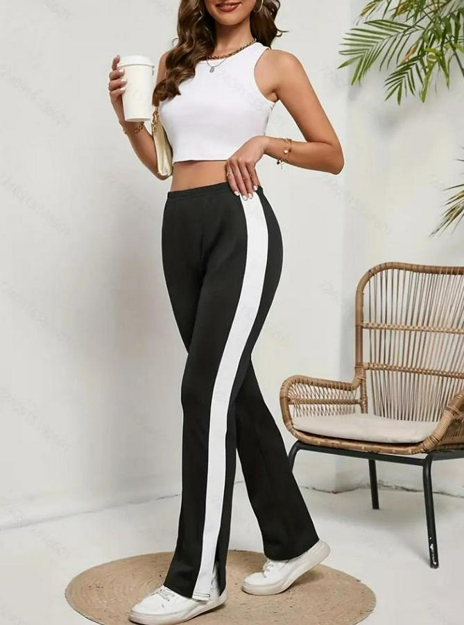 Yüksek Bel Yan Şerit Detaylı Yırtmaçlı Viskon Iki Iplik Pantolon