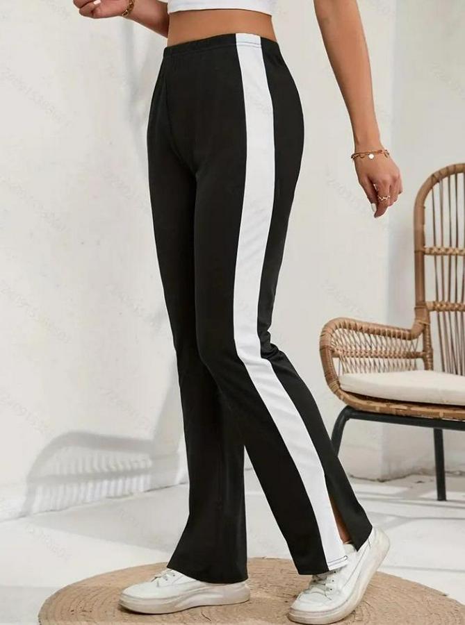 Yüksek Bel Yan Şerit Detaylı Yırtmaçlı Viskon Iki Iplik Pantolon