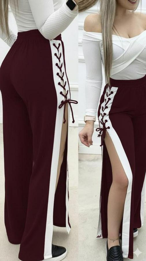 Yüksek Bel Yandan Çapraz Bağcıklı Yırtmaçlı Viskon Iki Iplik Pantolon