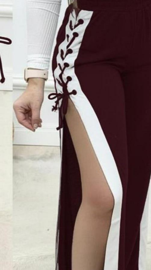 Yüksek Bel Yandan Çapraz Bağcıklı Yırtmaçlı Viskon Iki Iplik Pantolon