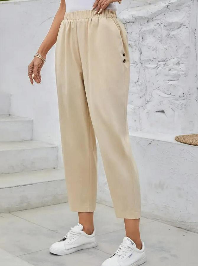 Yüksek Bel Yandan Cepli Düğme Detaylı Geniş Kesim Ithal Krep Pantolon