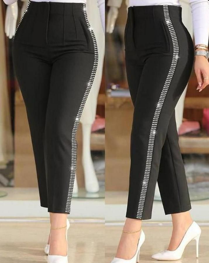 Yüksek Bel Yanlardan Taş Detaylı Ithal Krep Pantolon