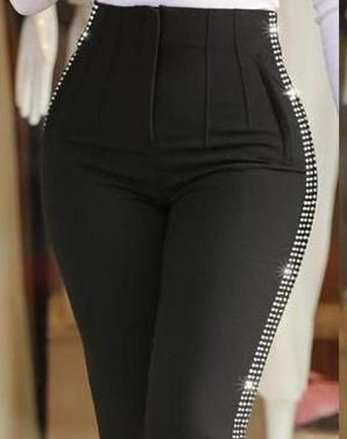 Yüksek Bel Yanlardan Taş Detaylı Ithal Krep Pantolon