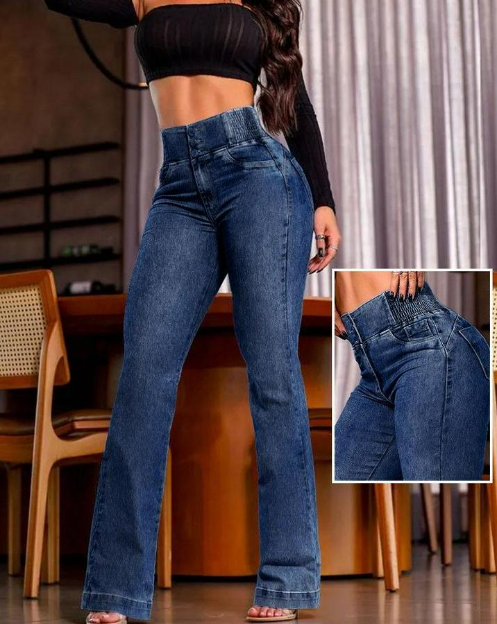 Yüksek Bel Yanları Lastik Önü Düğmeli Kot Pantolon