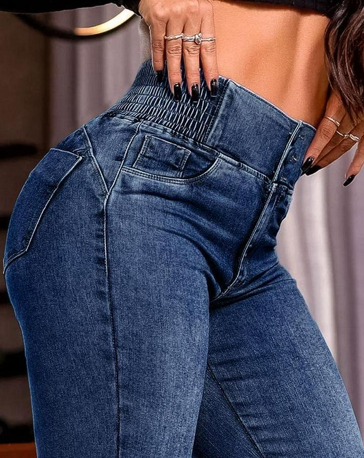 Yüksek Bel Yanları Lastik Önü Düğmeli Kot Pantolon