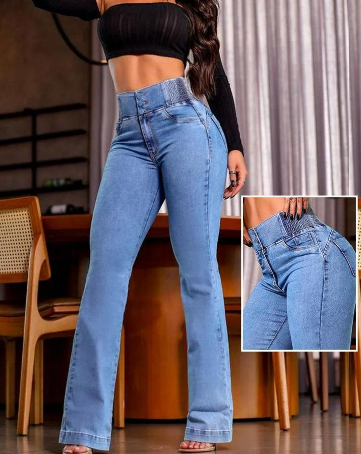 Yüksek Bel Yanları Lastik Önü Düğmeli Kot Pantolon