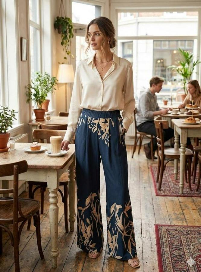 Yüksek Bel Yaprak Desenli Salaş Pantolon 