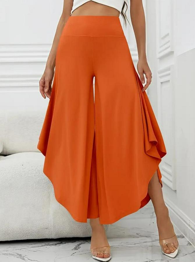 Yüksek Belli Geniş Paçalı Yanlardan Açık Sandy Pantolon