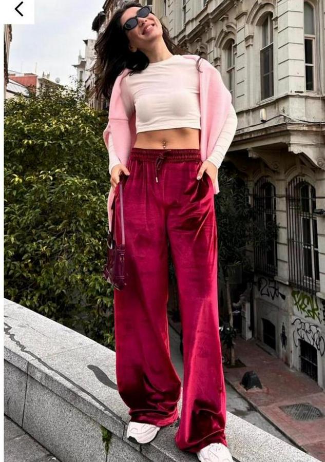 Yüksek Ben Beli Lastik Detay Kadife Kumaş Bol Paça Pantolon