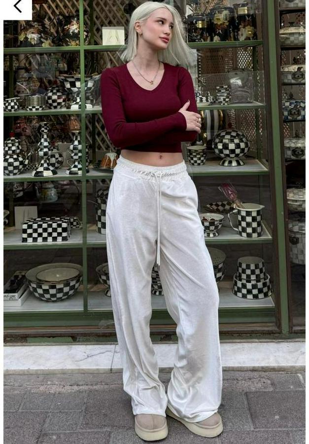 Yüksek Ben Beli Lastik Detay Kadife Kumaş Bol Paça Pantolon