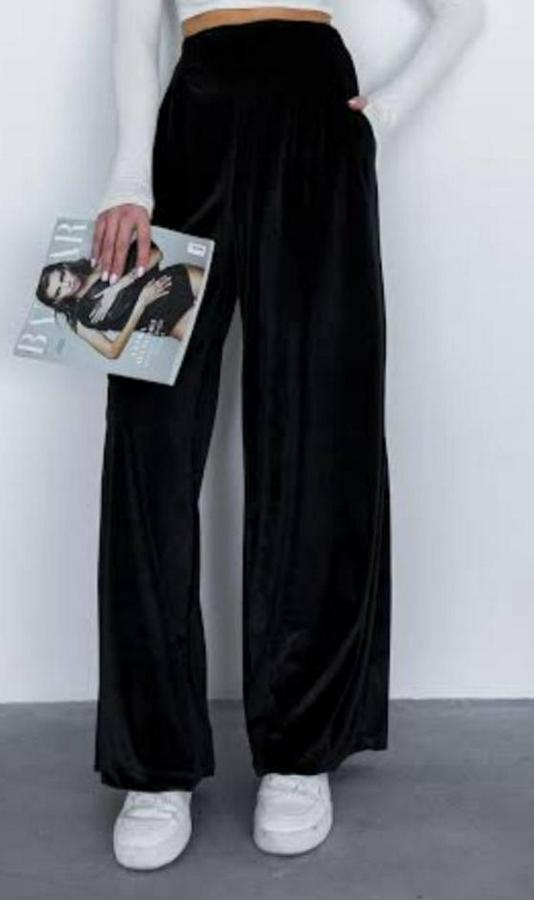 Yüksek Ben Beli Lastik Detay Kadife Kumaş Bol Paça Pantolon