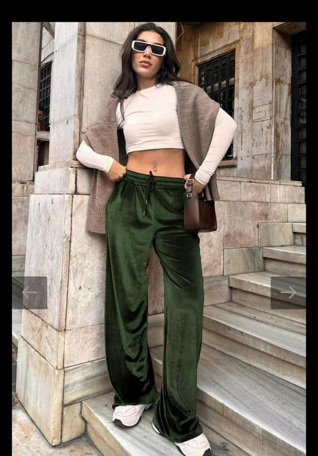 Yüksek Ben Beli Lastik Detay Kadife Kumaş Bol Paça Pantolon