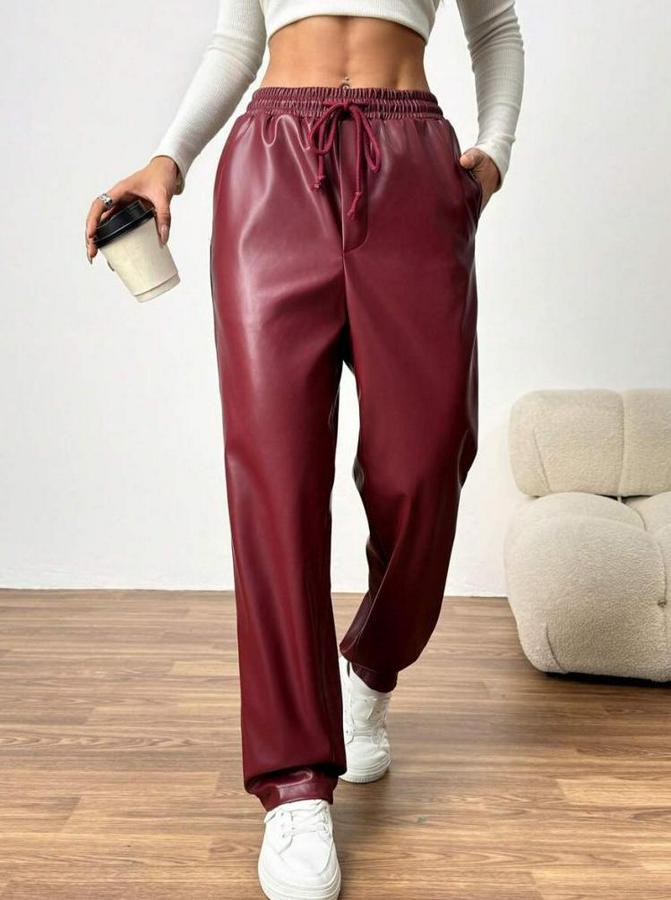 Yüksel Bel Bağcıklı Deri Pantolon