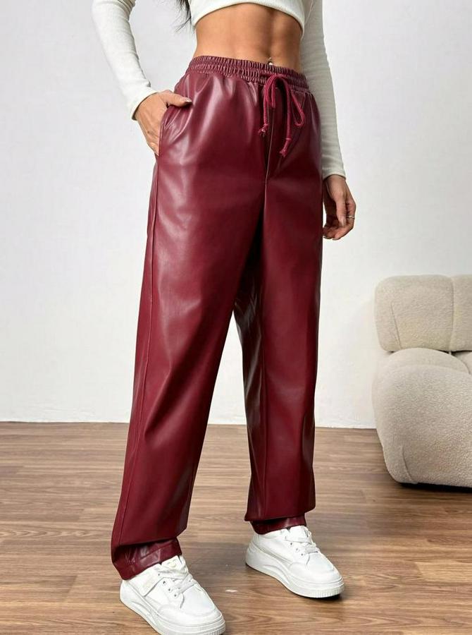Yüksel Bel Bağcıklı Deri Pantolon