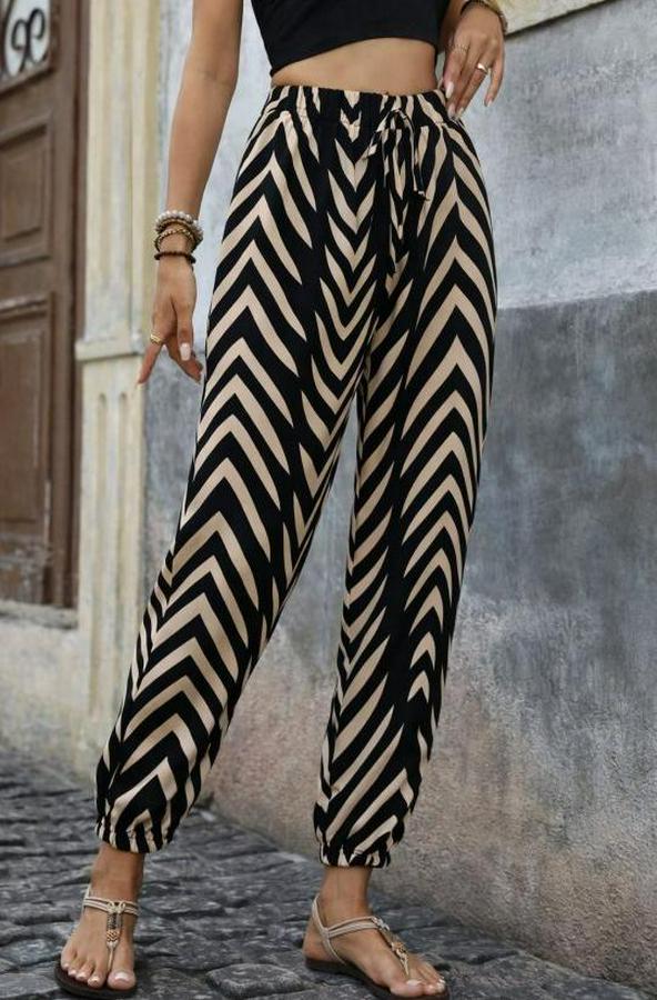 Yüksel Bel Belı Lastikli Belden Bagcıklı Desenli Süprem Pantolon