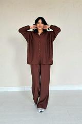 Kahverengi Alice Gömlek Ve Bol Kesim Pantolon Takım