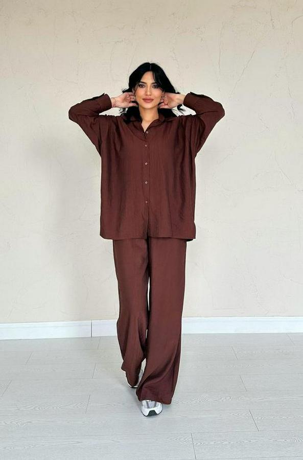 Kahverengi Alice Gömlek Ve Bol Kesim Pantolon Takım