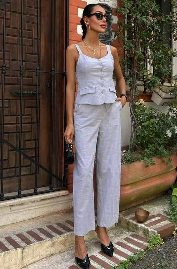 Kalın Askılı Bluz Pantolon Keten Takım 10187