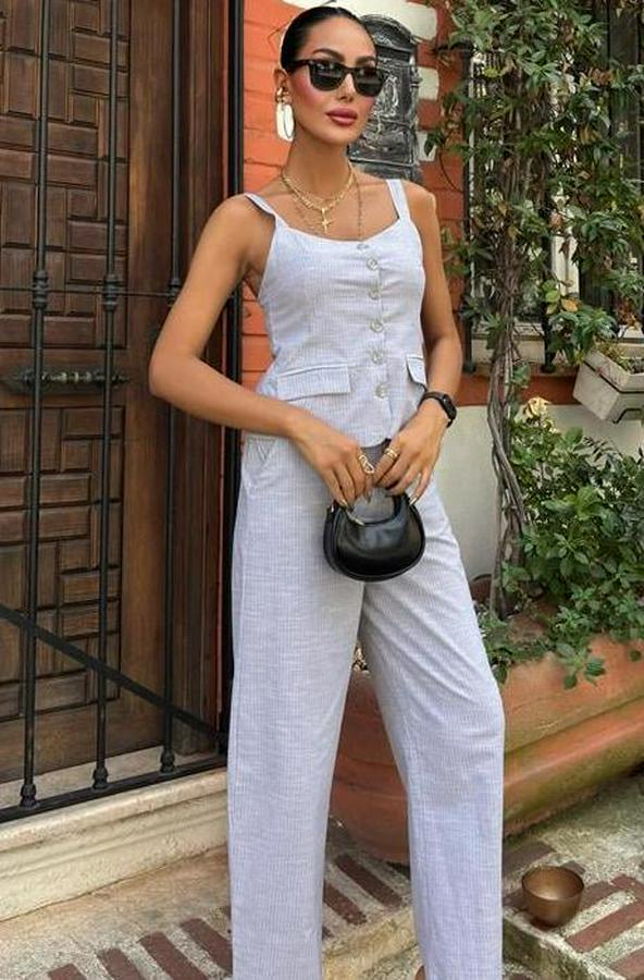 Kalın Askılı Bluz Pantolon Keten Takım 10187