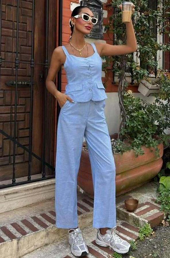 Kalın Askılı Bluz Pantolon Keten Takım 10187