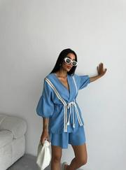 Keten Bel Büzgülü Bluz-Pantolon Takim