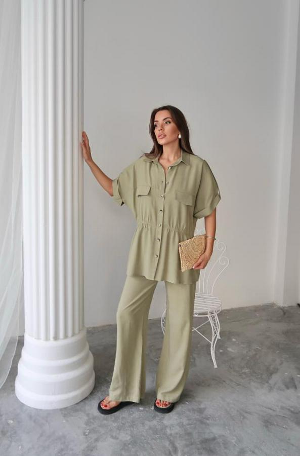 Keten Belden Büzgü Detayli Gömlek Pantalon Takım