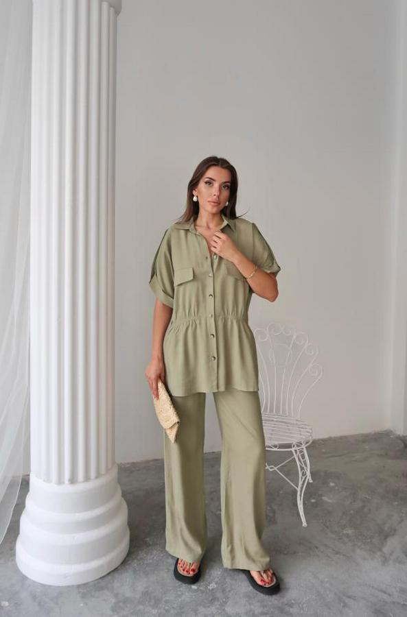 Keten Belden Büzgü Detayli Gömlek Pantalon Takım