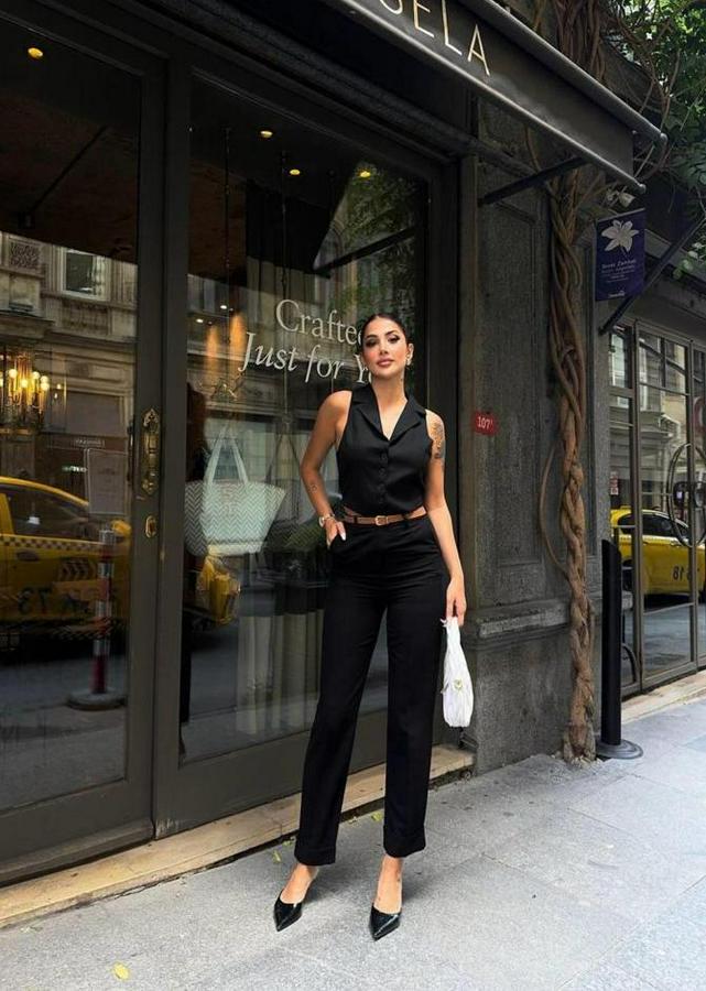 Keten Duble Paça Deri Taba Kemerli Pantolon