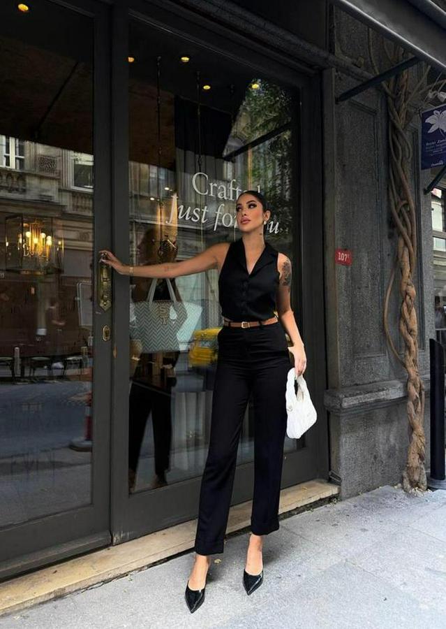 Keten Duble Paça Deri Taba Kemerli Pantolon