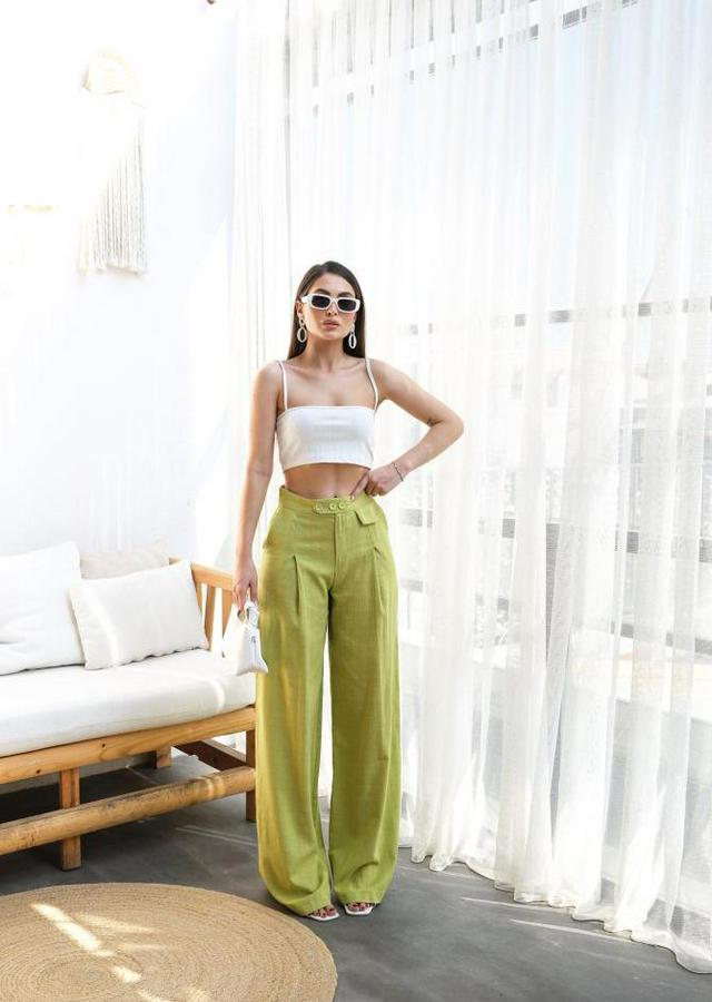 Keten Düğme Detayli Dökümlü Palazzo Pantolon