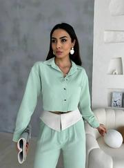 Keten Gömlek-Crop-Salaş Pantolon Takim