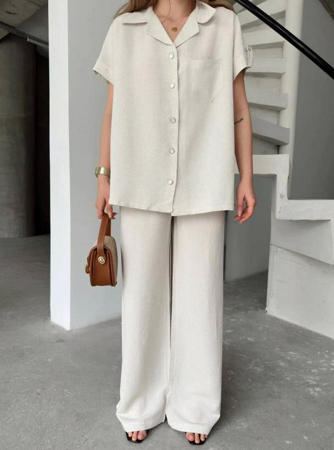 Keten Kısa Kollu Cepli Gömlek Pantolon Ikili Takım