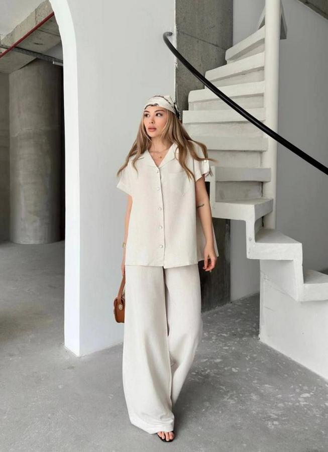 Keten Kısa Kollu Cepli Gömlek Pantolon Ikili Takım