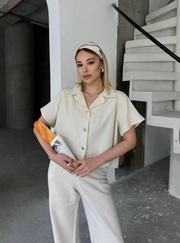 Keten Kısa Kollu Gömlek Pantolon Ikili Takım