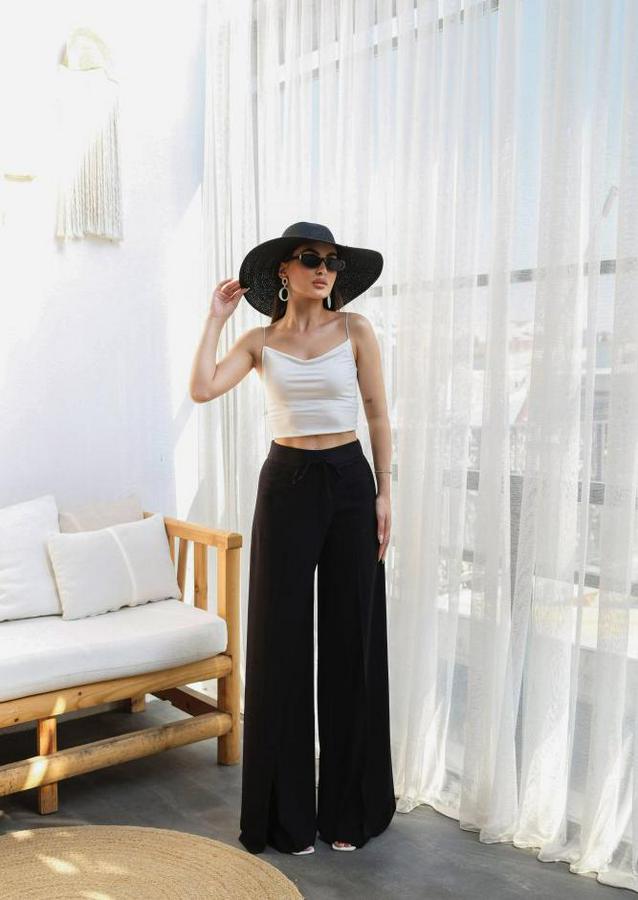 Keten Önü Çapraz Parçali Lasti̇kli̇ Ve Bağcikli Geni̇ş Paça Pantolon