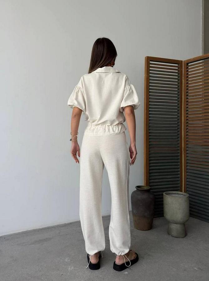 Keten Tam Fermuarlı Kısa Kollu Gömlek Pantolon Ikili Takım