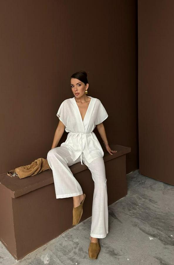 Keten V Yaka Belden Bağlamali Bluz-Pantolon Takim