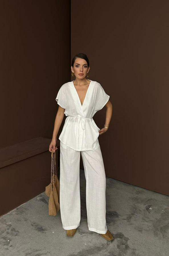 Keten V Yaka Belden Bağlamali Bluz-Pantolon Takim