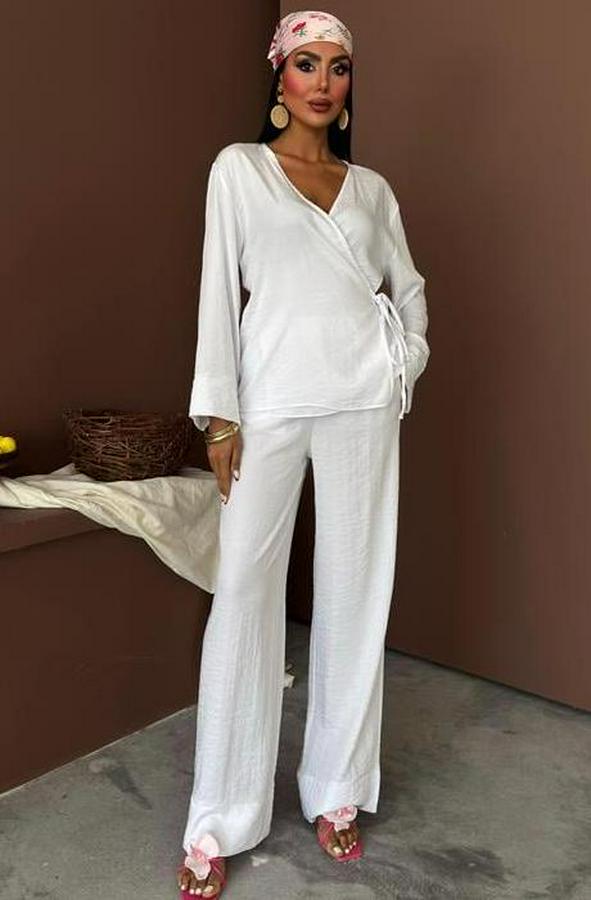 Kruvaze Model Klasik Pantolonlu Çupra Keten Takım 10191