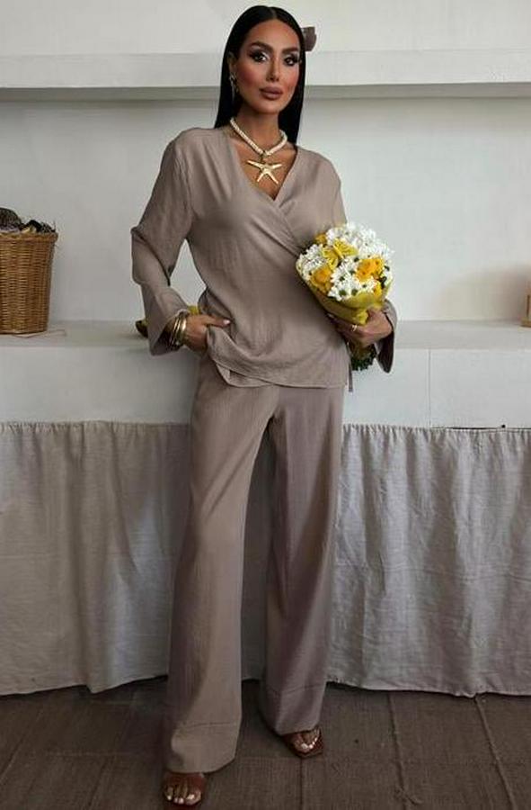 Kruvaze Model Klasik Pantolonlu Çupra Keten Takım 10191