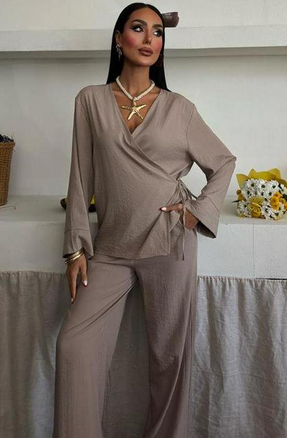 Kruvaze Model Klasik Pantolonlu Çupra Keten Takım 10191