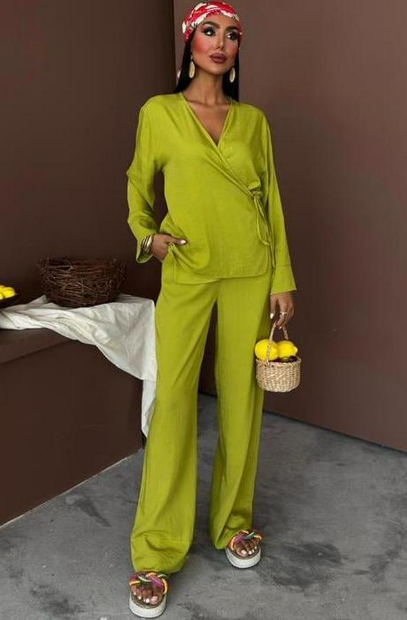 Kruvaze Model Klasik Pantolonlu Çupra Keten Takım 10191