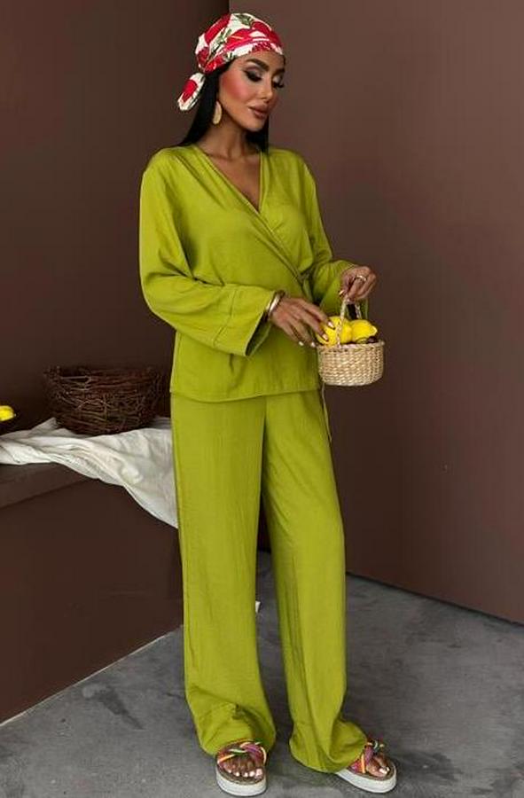 Kruvaze Model Klasik Pantolonlu Çupra Keten Takım 10191