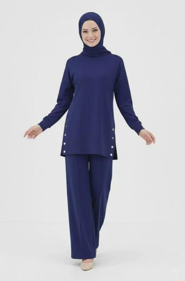Osy Modal Yumuşak Dokulu Kumaş Modern Tesettür Takım Yandan Metal Çıtçıtlı Uzun Tunik Pantolon Set Salaş Kalıp