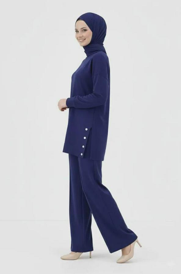 Osy Modal Yumuşak Dokulu Kumaş Modern Tesettür Takım Yandan Metal Çıtçıtlı Uzun Tunik Pantolon Set Salaş Kalıp