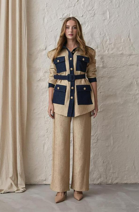 Sarı Garnili Cepli Gömlek Ve Pantolon Takım