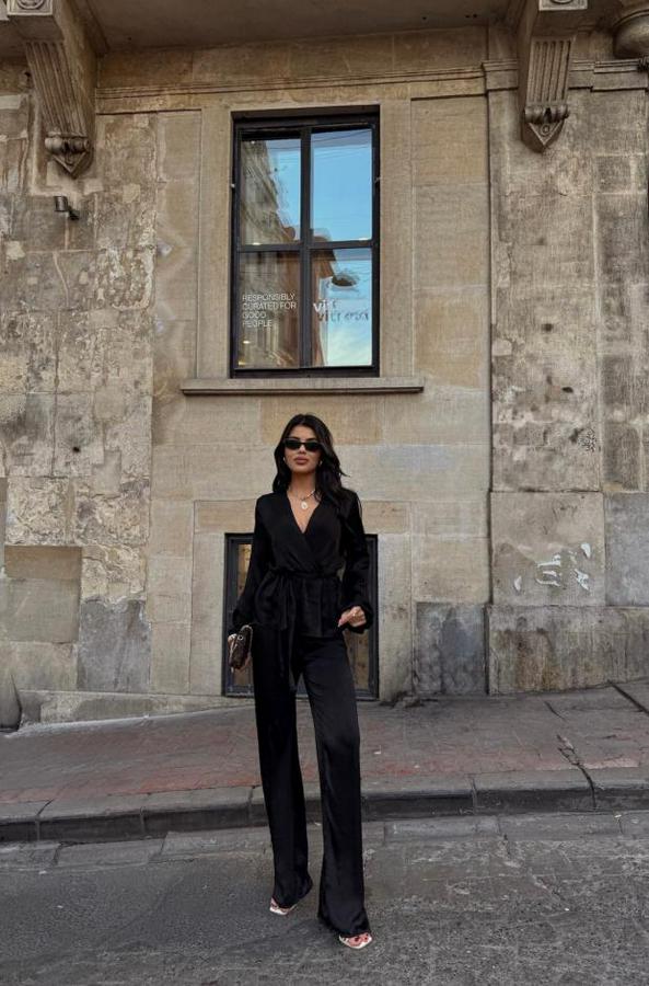 Saten Kruvaze Bağlamali Bluz- Pantolon Takim