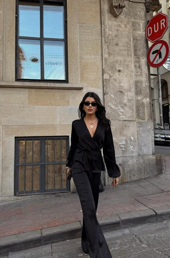 Saten Kruvaze Bağlamali Bluz- Pantolon Takim