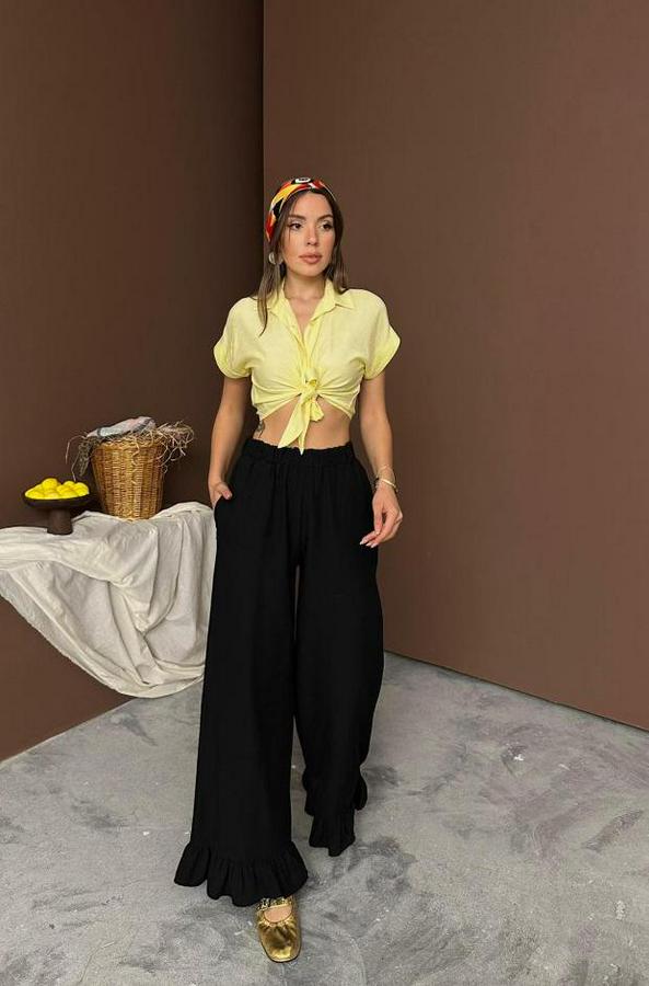 Siyah Paçası Fırfırlı Keten Pantolon