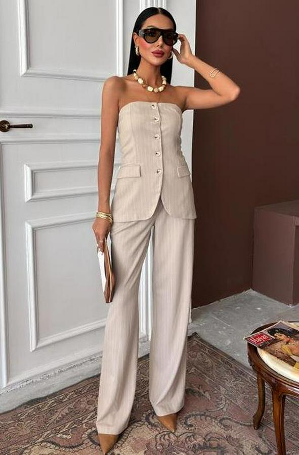 Straplez Büstiyerli Plazzo Pantolonlu Çizgili Takım 10151
